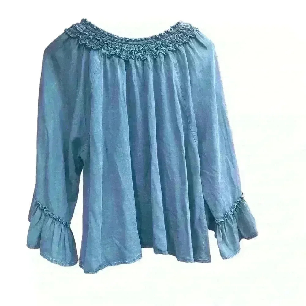 Easel Womens Swing Mineral Wash 3/4 Sleeve Drawstring Neck Blouse Top Size Small
